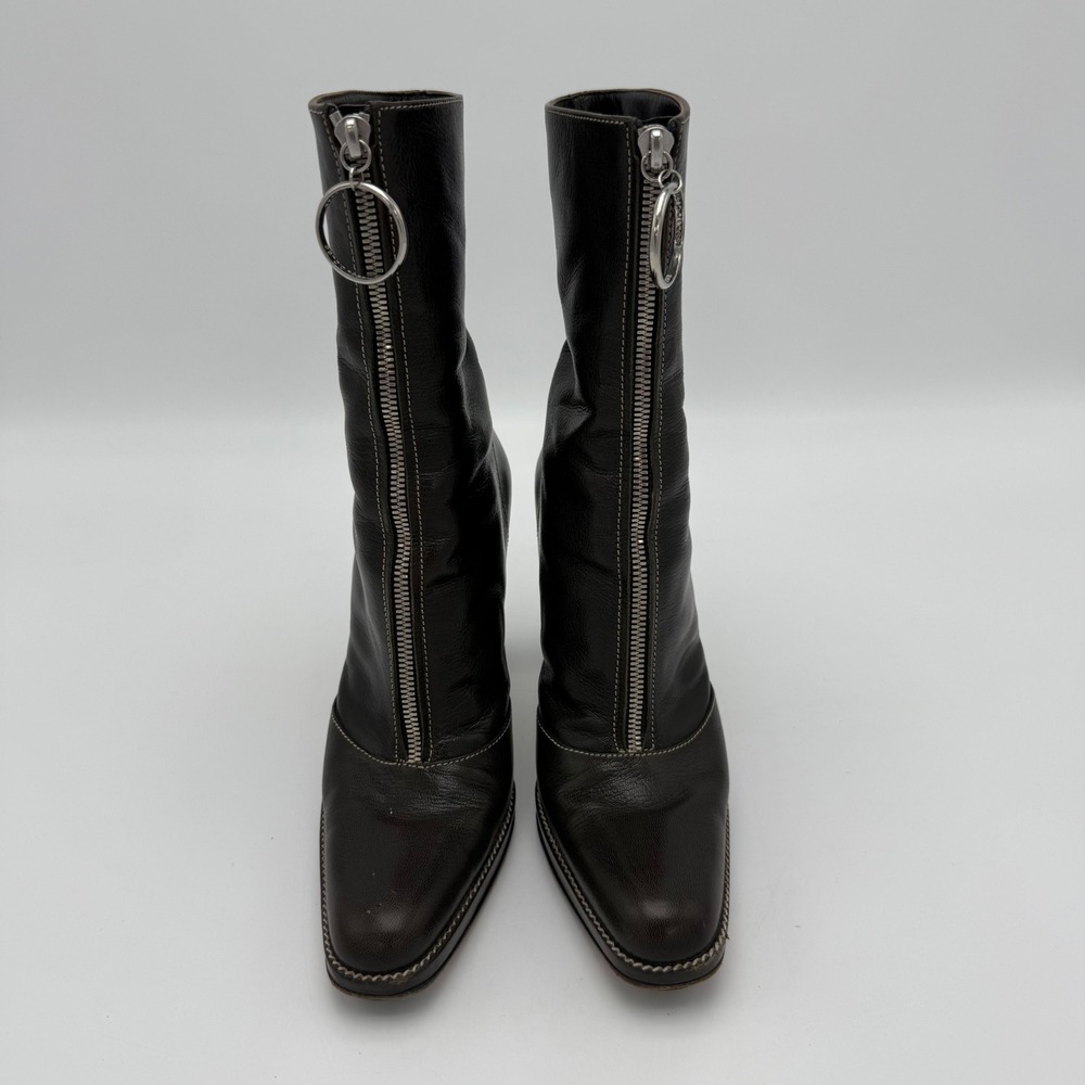 Vintage Sergio Rossi Front Zip Boots Womens EU 37 Brown Leather Ring Pull